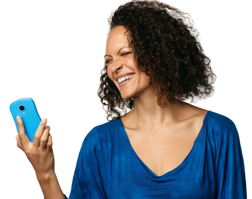 Woman setting up P-Phone smartphone and smiling while holding the device